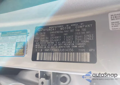 2018 Hyundai Tucson Se z USA, uszkodzony, nr VIN KM8J2CA4XJU814356